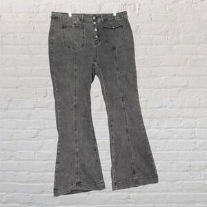 Shein Washed Black High Rise Button Fly Flare Jeans Front Patch Pockets 3XL